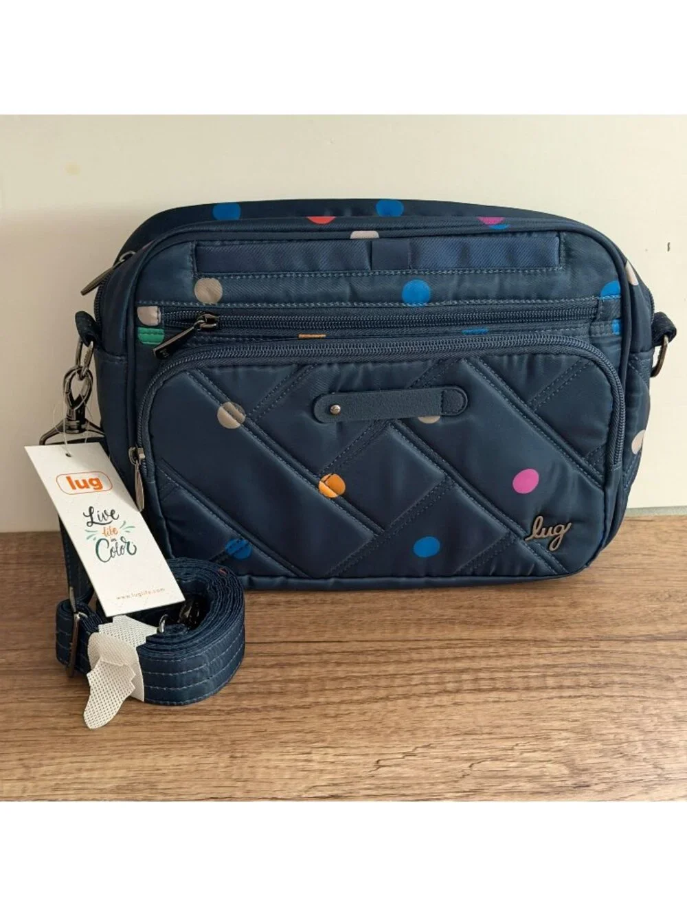NWT Lug Carousel XL 2 Crossbody Bag Multi-Dots Navy w/Shoulder Strap MSRP $70